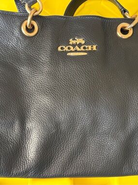 Coach Black Leather Tote with Gold-Tone Accents